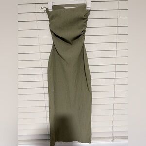 Zara Olive Strapless Ruched Midi Dress